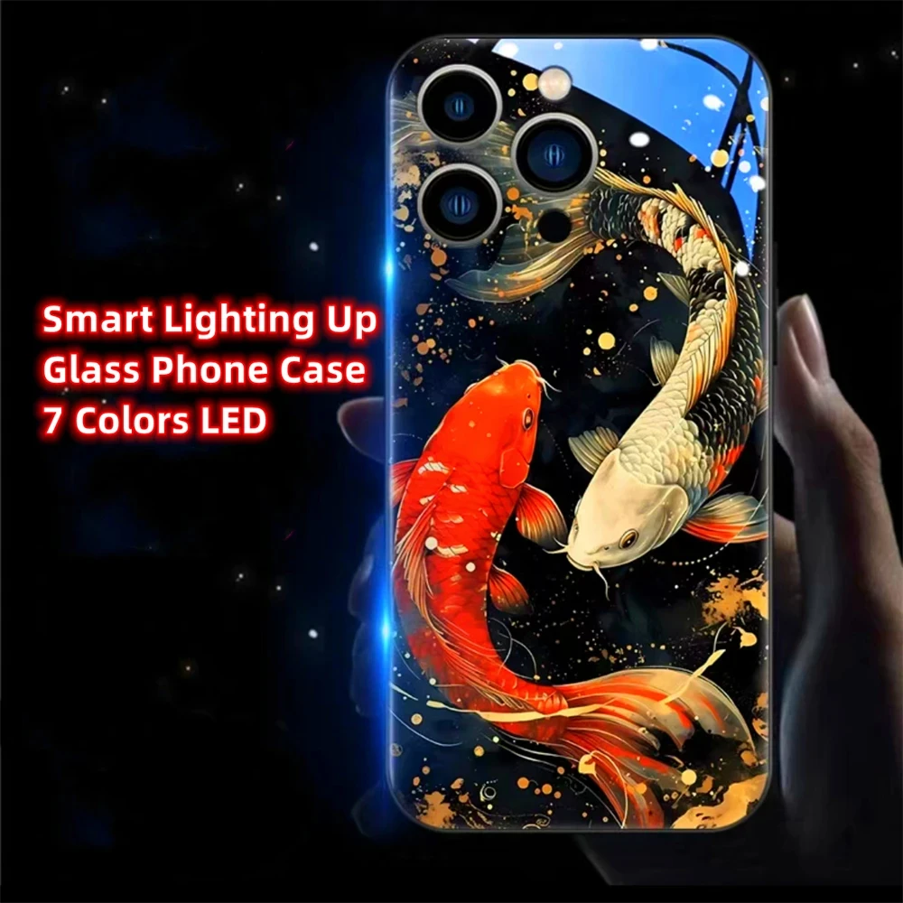 Carp Bringing Good Luck LED Light Glow Luminous Glass Phone Cases For Huawei P60 P50 P40 P30 Pro Plus Mate 60 50 50E 40 30 20