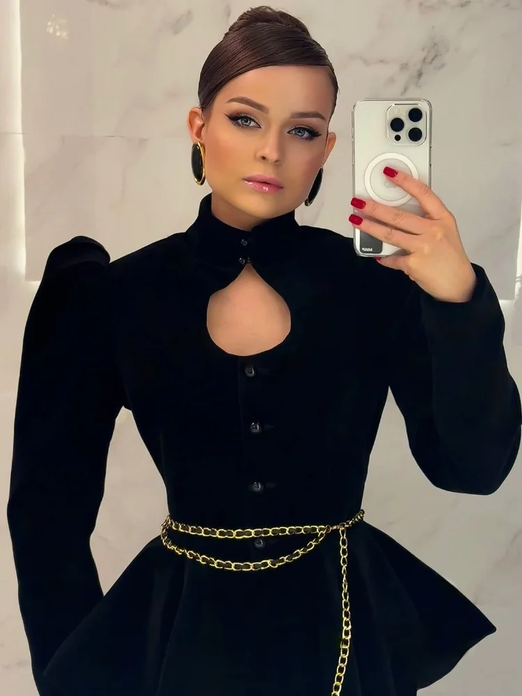 

Black Hollow-out A-line Jacket Women Elegant Long Puff Sleeves Single Breasted Slim Jackets 2026 New Lady Evening Party Coats