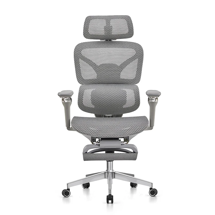 Cadeira de escritório ergonômica cinza, totalmente em tela, reclinável com apoio de cabeça ajustável e rotação, cadeira de escritório moderna.