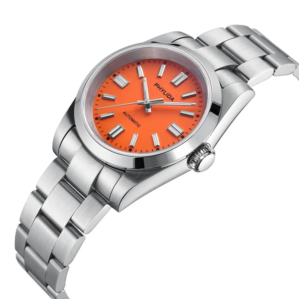 PHYLIDA 37mm Relógio de pulso automático masculino NH38A com design de três mãos relógio perpétuo com mostrador laranja sem data