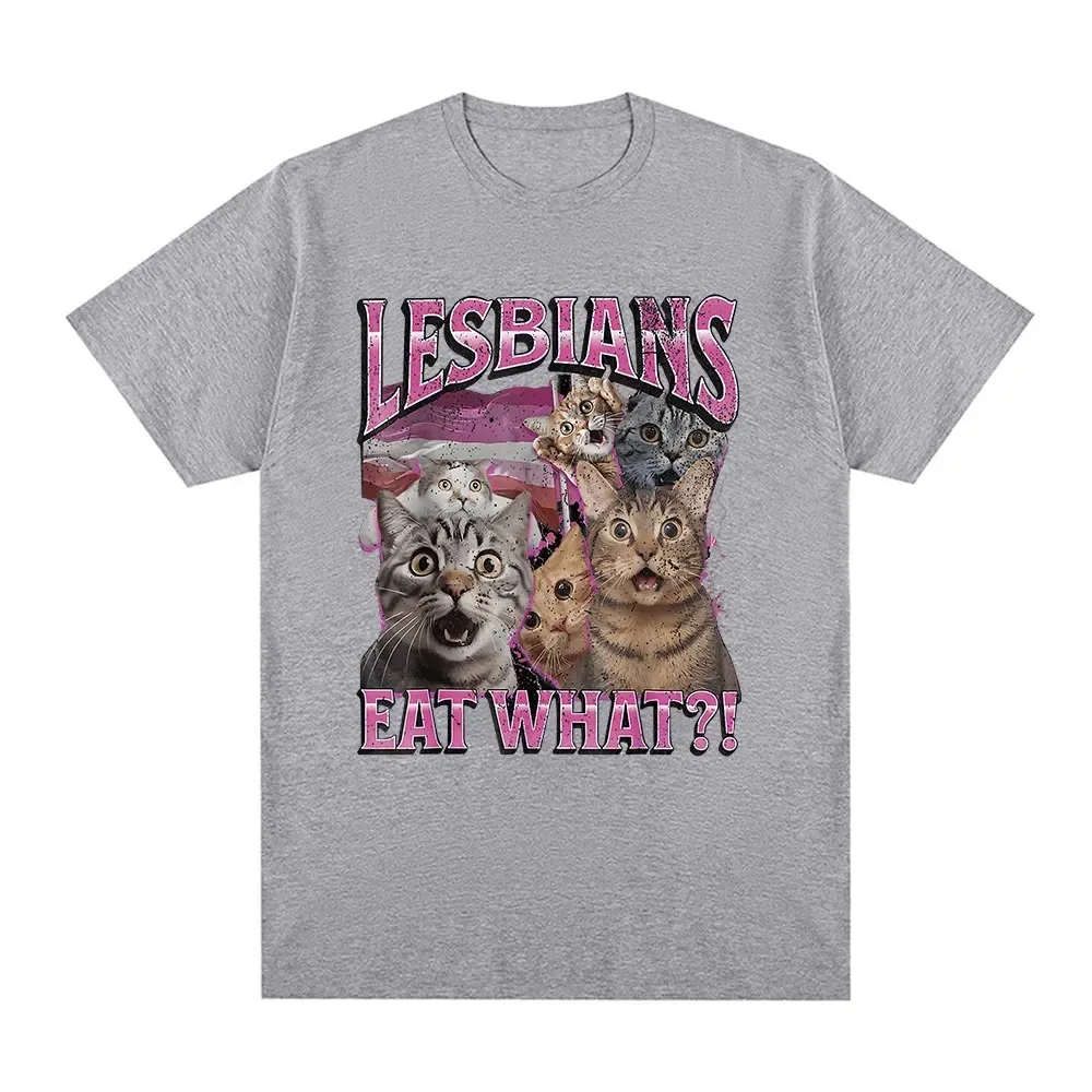 Camiseta divertida con meme de lesbianas comiendo, para amantes de los gatos, camiseta de moda para hombre y mujer, camisetas informales de algodón de manga corta de gran tamaño