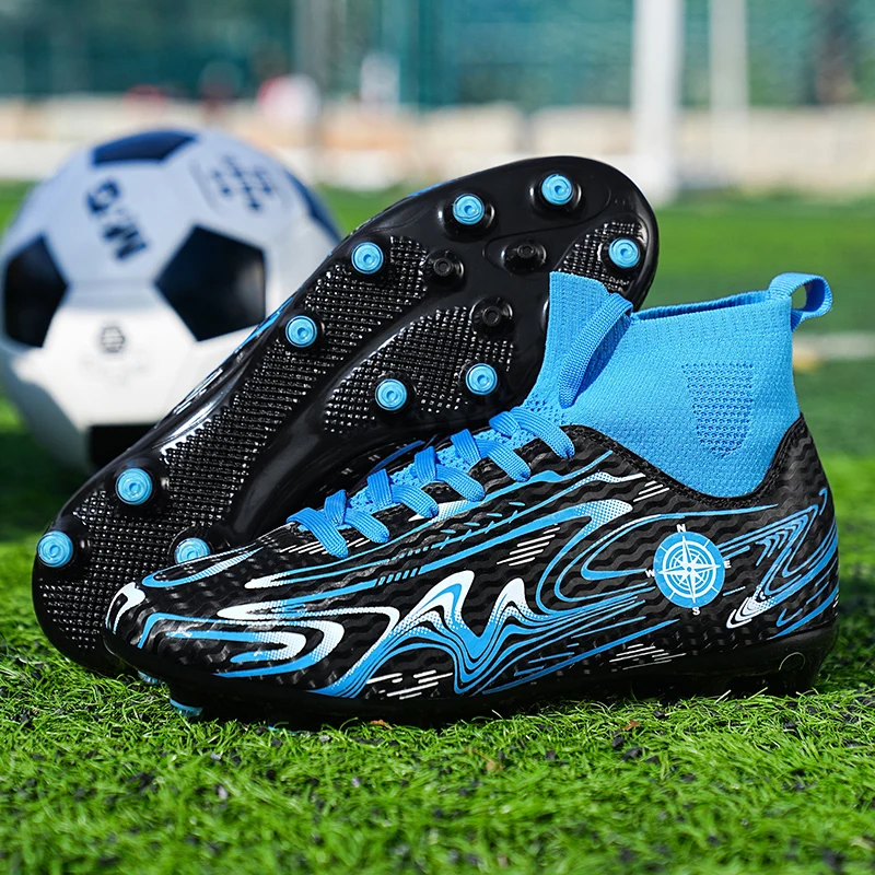 White and blue high-top studded football shoes, men's breathable and non-slip natural grass wear-resistant training sneakers