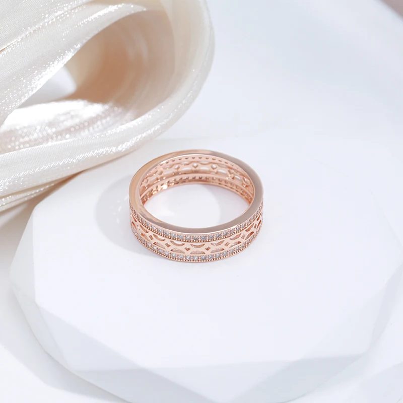 SYOUJYO Skeleton Cutting 585 Gold Color Women\'s Ring Double Row Natural Zircon Micro Inlay Vintage Bride Wedding Jewelry