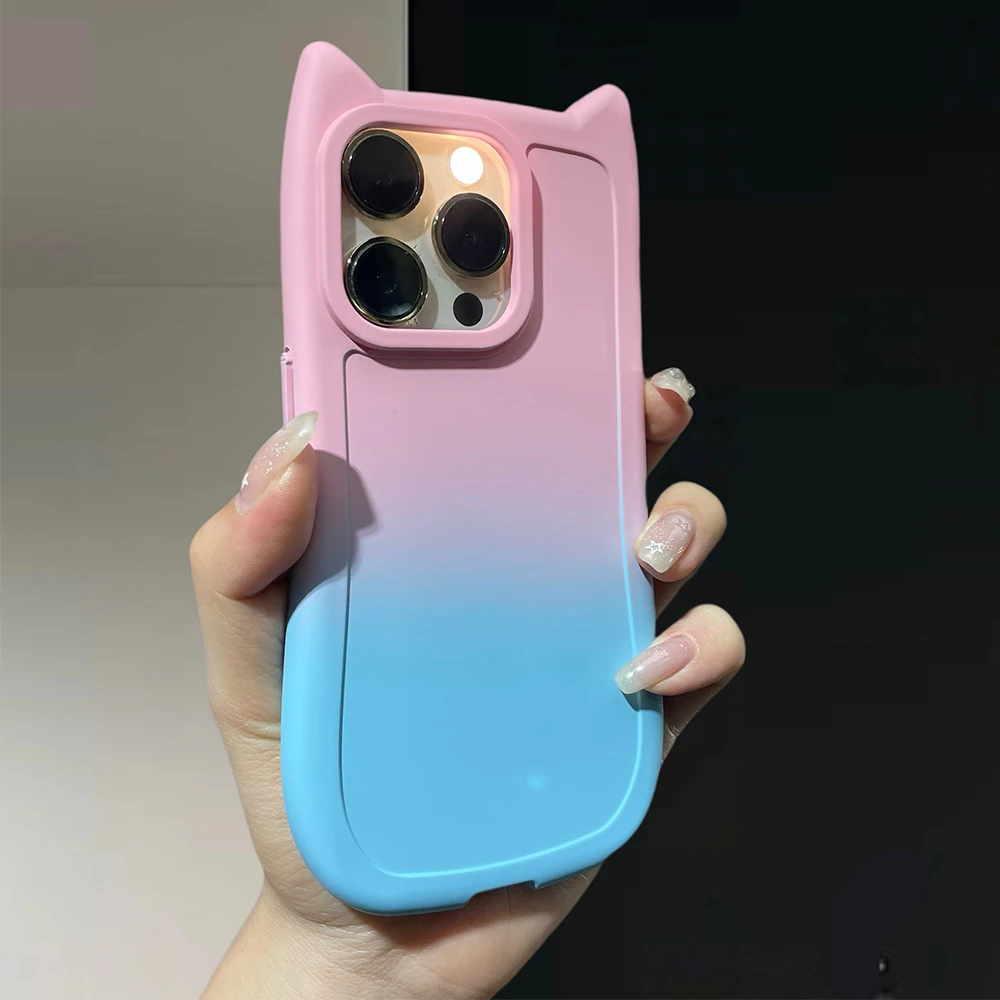 Gradient Cute Cat Ear pattern silicon phone case for iPhone 15 14 13 12 11 Pro Max full camera shockproof soft back bumper cover