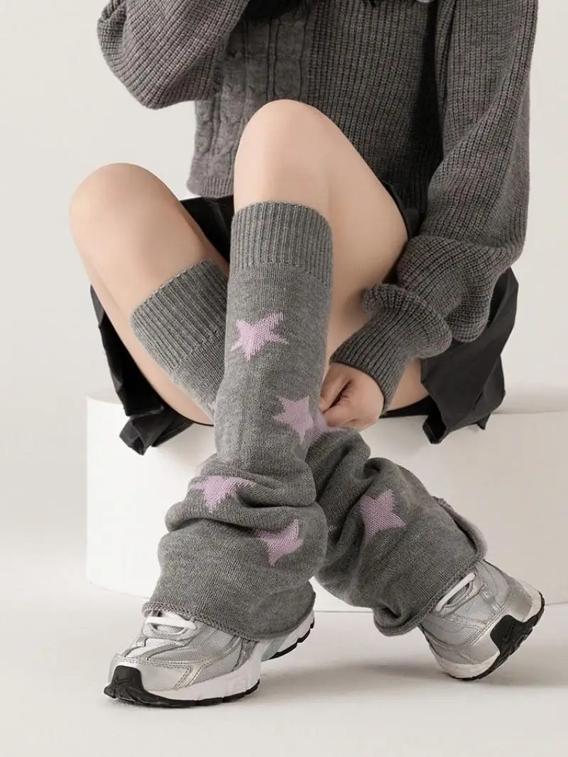 A Pair of Kawaii All-Match Heap Mid-Calf Socks Double Sided Stars Knitted Y2K Campus Jk Strap Long Leg Set Leg Shaping for Women