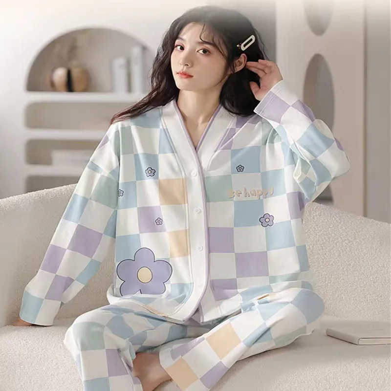 Spring and Autumn Ladies Pajamas Cute Long-Sleeved Purple Grid Can Be Worn Outside the Suit Homewear Long-Sleeved Green Grid