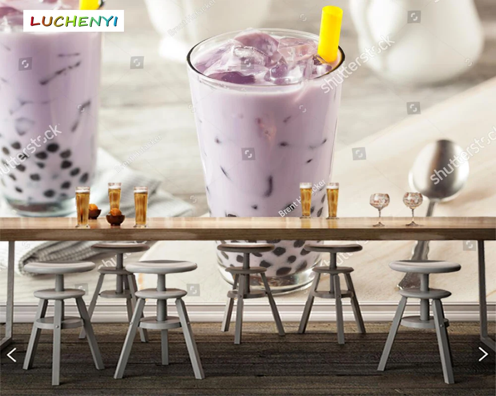 Custom handmade purple potato bubble tea 3d wallpaper mural, restaurant juice shop kitchen dining room wall papers sticker