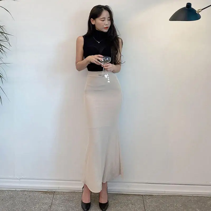 

Elegant High Waist Fish Tail Half Body Long Skirt for Little Women Slimming Zipper Style Sweet H-Line Pure Color Summer New