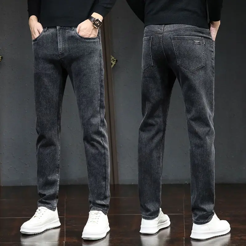 الرجال الخريف الشتاء مطاطا الدينيم الجينز الصلبة متعددة جيوب الأعمال السراويل سليم صالح ارتداء اليومي ركض منتصف الخصر بنطلون