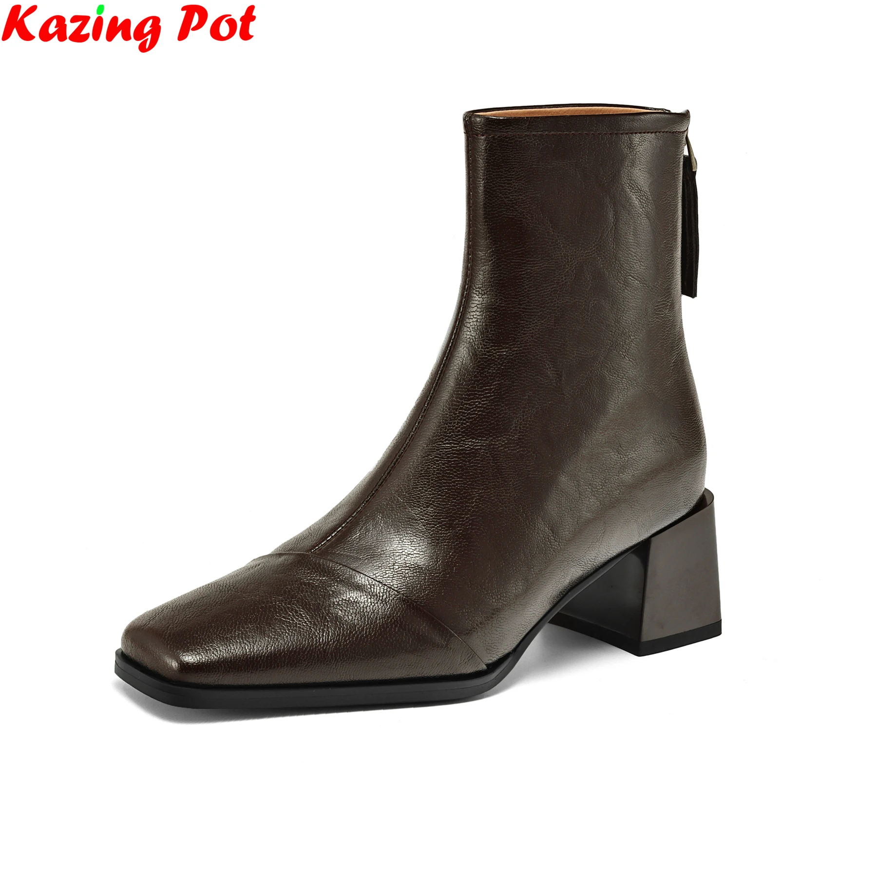 

Plus Size 34-43 Cow Leather Square Toe Zipper High Heels Modern Boots Warm Autumn Winter Shoes Dating Pleated Retro Ankle Boots