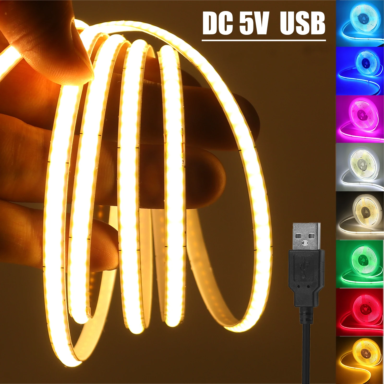 Bande lumineuse LED USB COB, DC5V, largeur 3mm 5mm 8mm, blanc, rose, rouge, jaune, bleu glace, vert, rétro-éclairage TV, décoration d'intérieur, ruban flexible