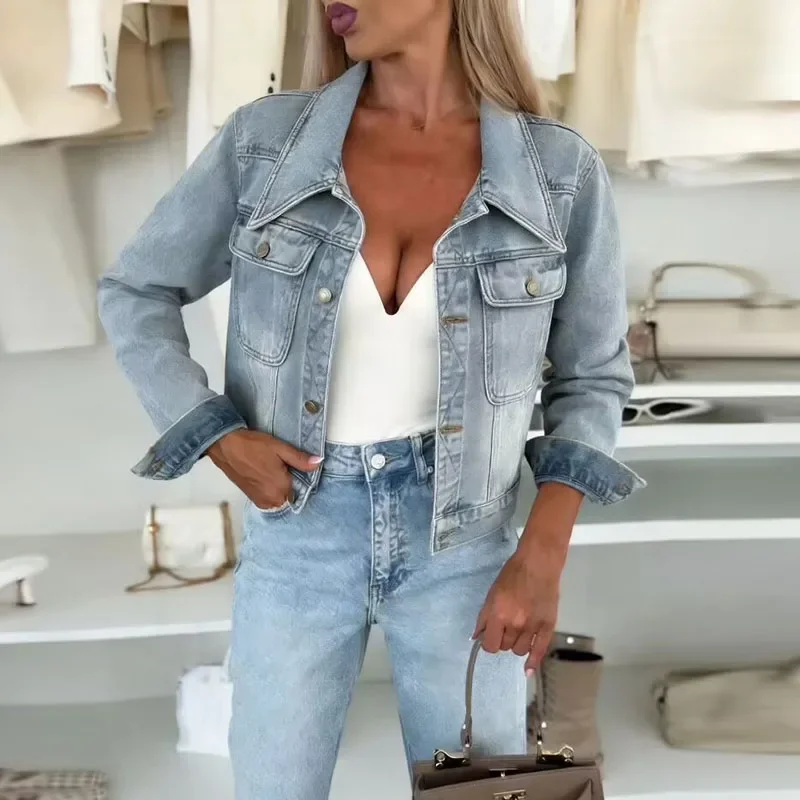 Leisure Loose Pocket Button Ladies Outerwear High Street Fashion Lapel Denim Coat Spring New Long Sleeve Women's Commute