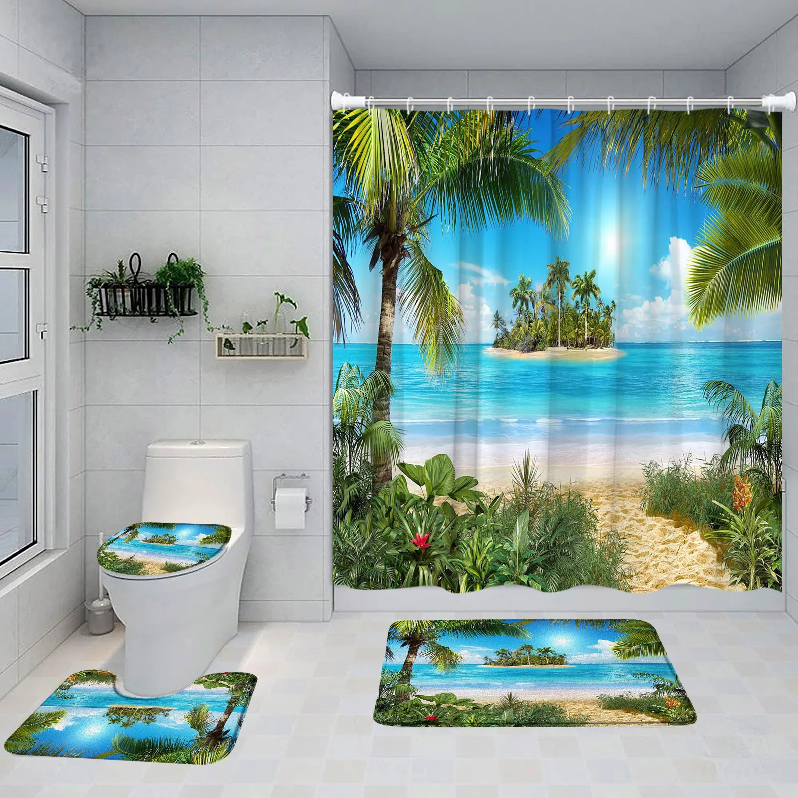 Island Beach Shower Curtain Set Tropical Coconut Tree Green Plants Ocean Nature Landscape Bathroom Decor Bath Mats Toilet Cover