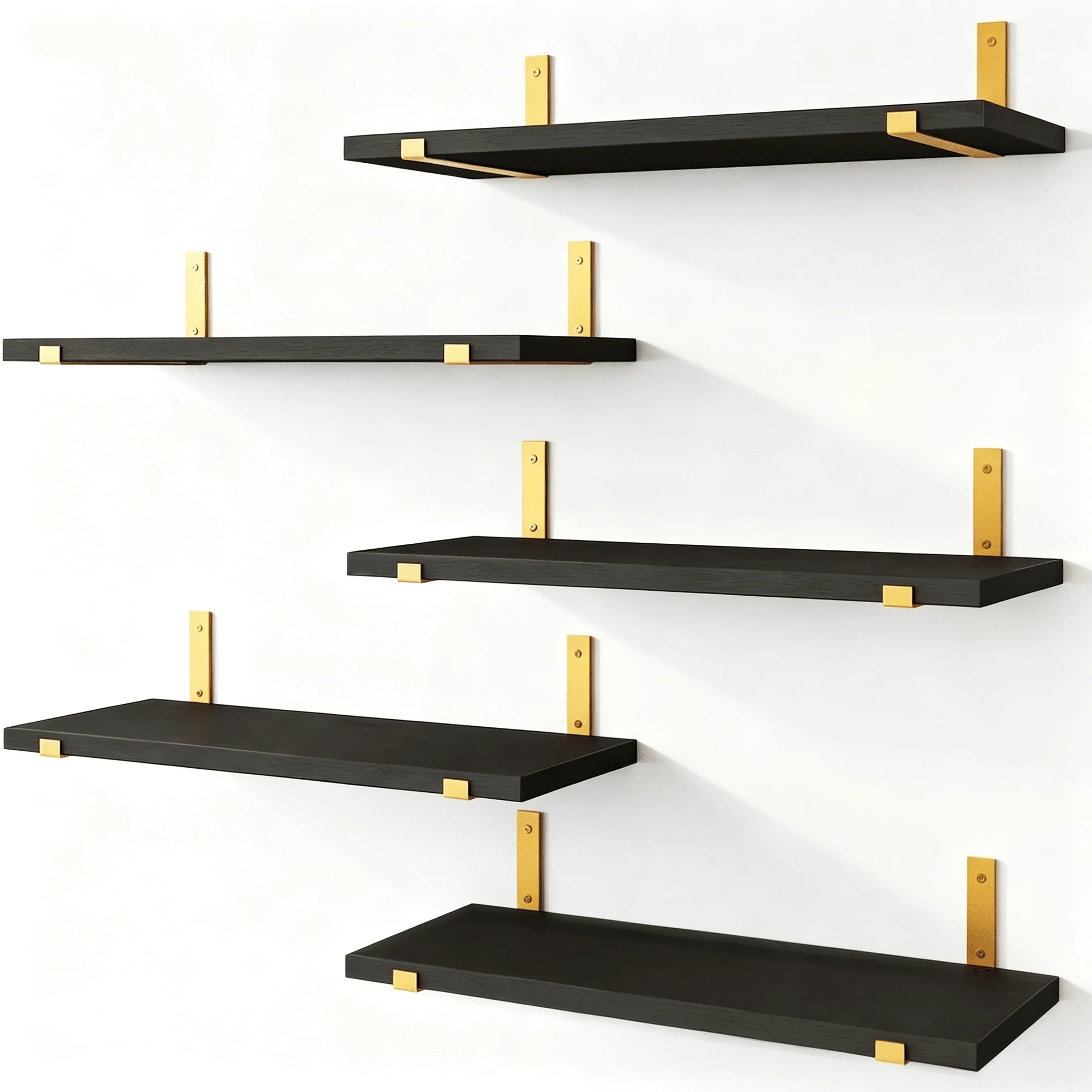 Shelf Bracket Pair - ชั้นวางของแบบลอยตัวสีดำ 5 ชิ้น พร้อมขายึดสีทอง ชั้นวางติดผนังไม้เพาโลเนีย ชั้นวางของติดผนังสไตล์เรโทรขนาด