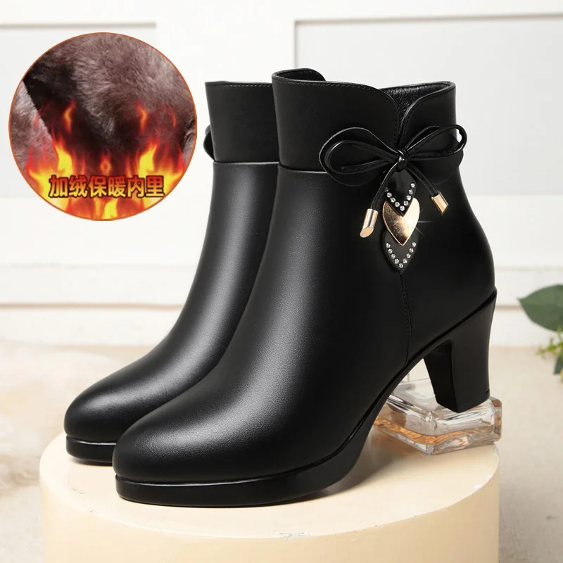 Women\'s Winter Pointed Toe Waterproof Platform Ankle Boots Students Thick-heeled New Mother Anti-slip Cotton Short Boots