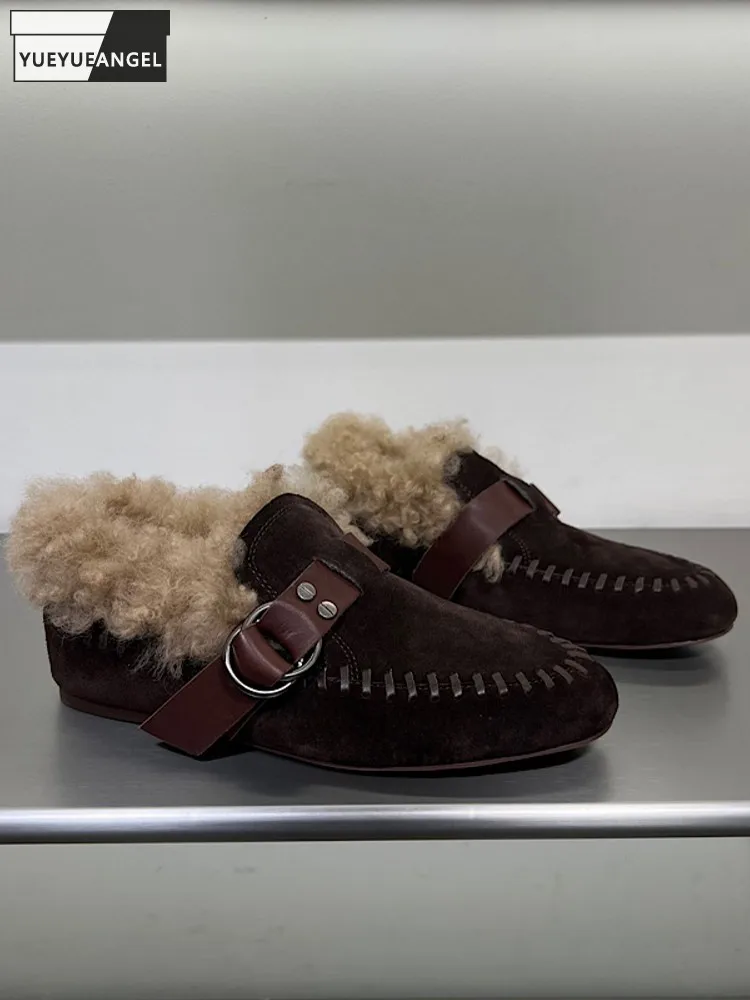 

Winter Women Casual Buckle Slip On Cow Suede Leather Pumps Breathable Round Toe Height Increase Ladies Skateboard Shoes Sneakers