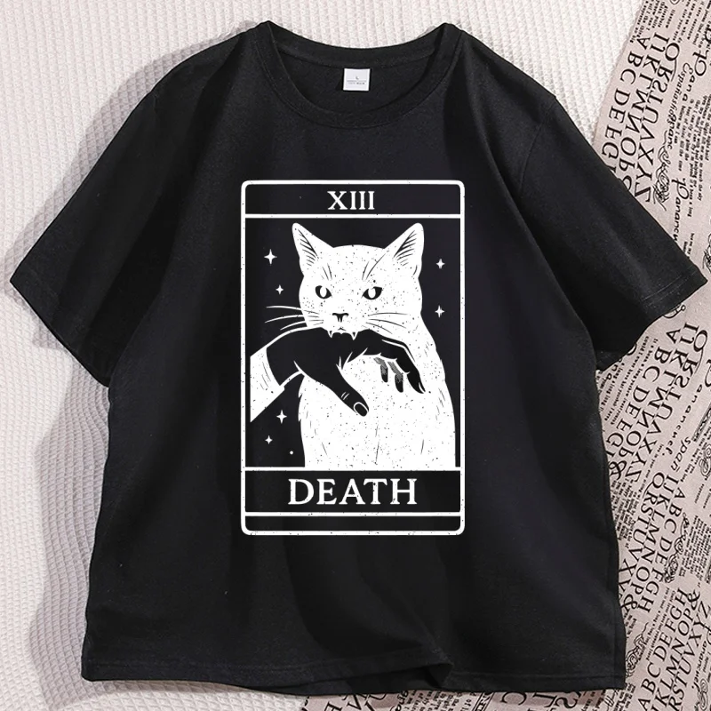 Tarot Card Black Cat T Shirt Vintage Tarot Death T-shirt Witchy Cat Tshirt Spooky Cat Halloween Tshirt Causal Short Sleeve Top