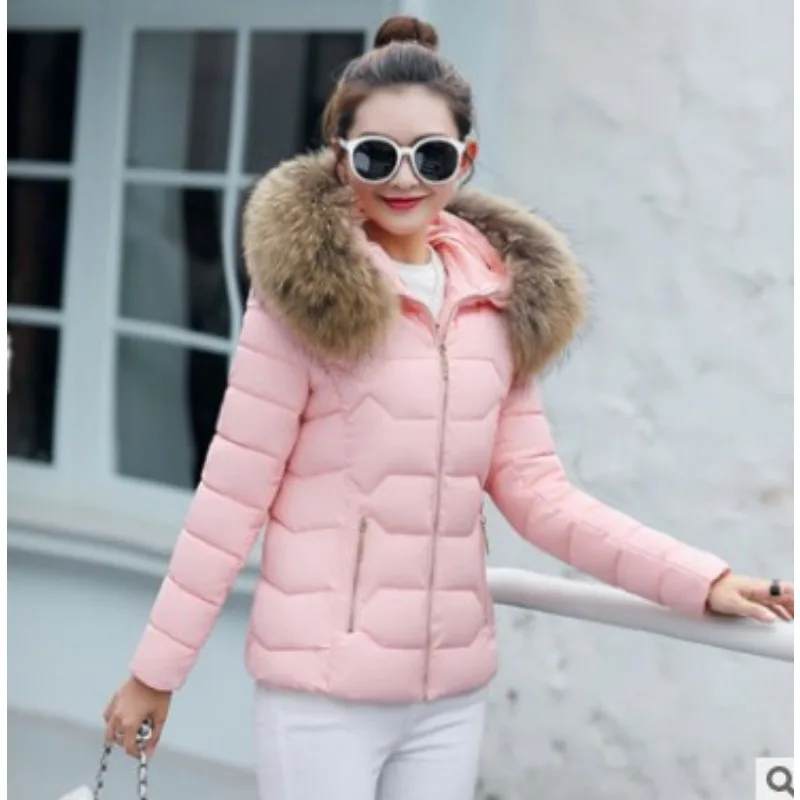 Trend Winter Women's Clothing Fur Collar Hooded Cotton Padded Jacket Warm Slim Fit Short Coat Zipper Long Sleeve Top Windproof