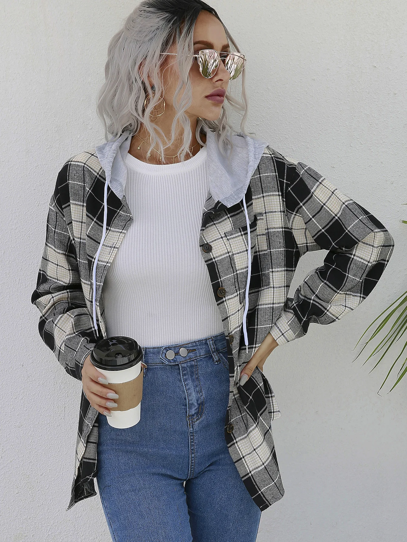 

Retro British Style Hooded Color - Blocked Slim - Fit Plaid Patchwork Casual Coat for Women