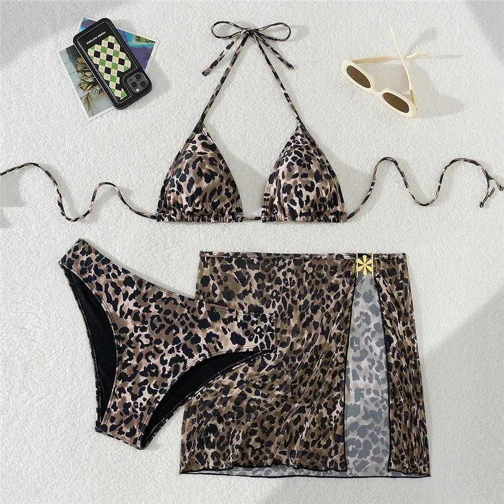 Leopard Print Swimwear Cover Up String Halter Triangle Bikinis 2025 Mujer Sexy Swimsuits Women Bathing Suit 3 Piece Bikini Set