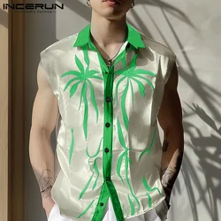 INCERUN Tops 2024 American Style Fashion Mens Collar Contrast Palm Tree Pattern Shirts Casual Streetwear Sleeveless Blouse S-5XL