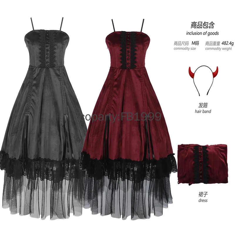 

Новое женское викторианское готическое платье, винтажное кружевное платье с высокой талией, платье в стиле панк Лолиты на бретелях, костюм ведьмы-вампира на Хэллоуин