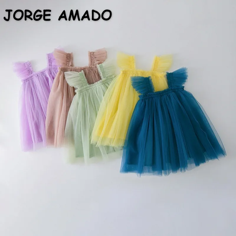 

New Summer Dress for Little Girl Flare Sleeves Mesh Solid Color with Suspenders Strap Long TUTU Princess Fluffy Sundress H1261