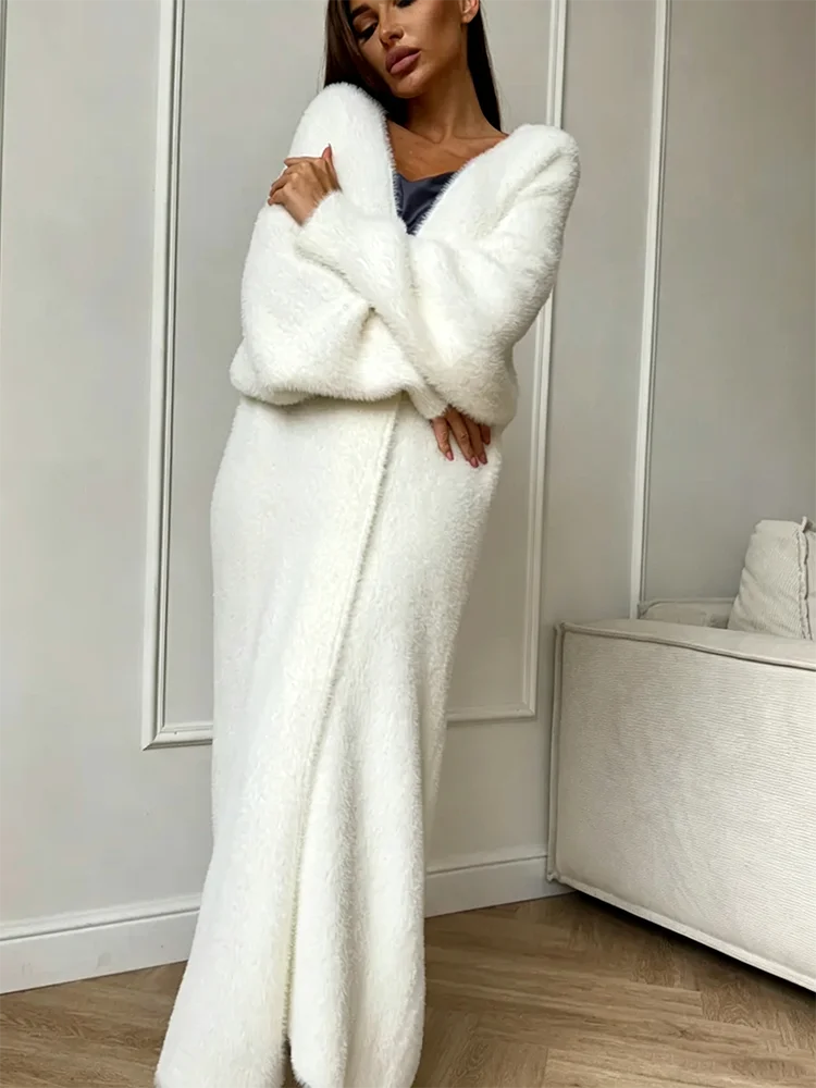JULISSA MO Autumn Winter New Warm Velvet Knitted Women Coat White Long Sleeve Cardigan Coat Female Loose Lengthen Casual Clothes
