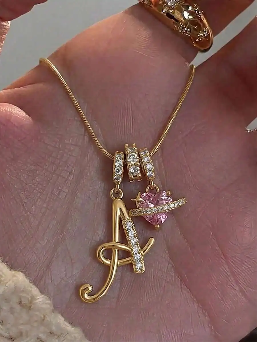 

Stainless Steel Cubic Zirconia Handwritten Letter A Pink Heart Pendant Necklace