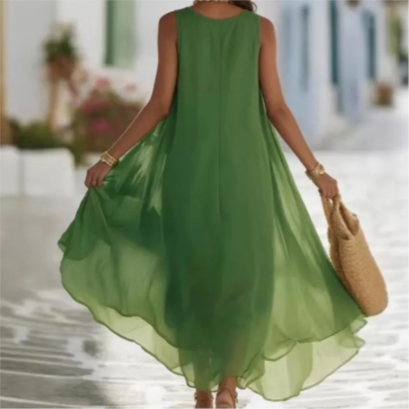 2026 New Summer Women's Dress Solid Color Sleeveless V-neck Fashionable Simple Eye Catching Comfortable And Elegant Style Dress