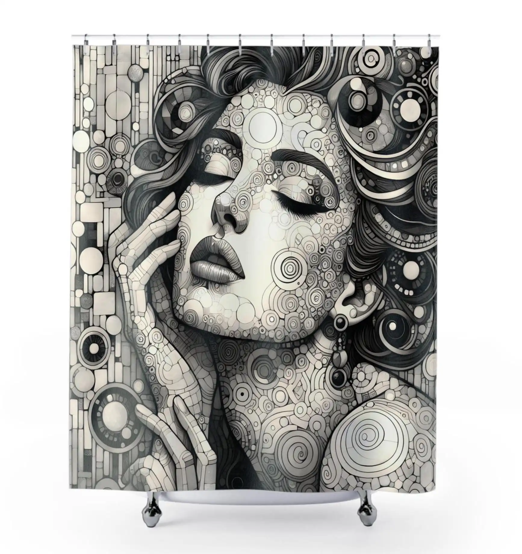 Black and White Line Art Woman Portrait Shower Curtain Bathroom Wall Decor Modern Abstract Style