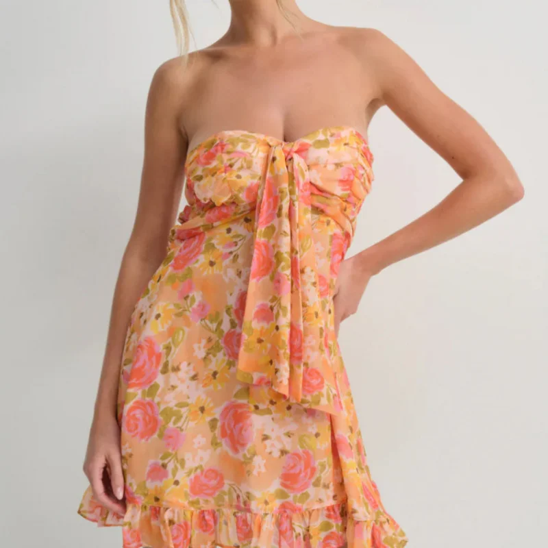 Europejska i amerykańska nowa francuska sukienka bez ramiączek w kwiaty, półprzezroczysta, o kroju litery A