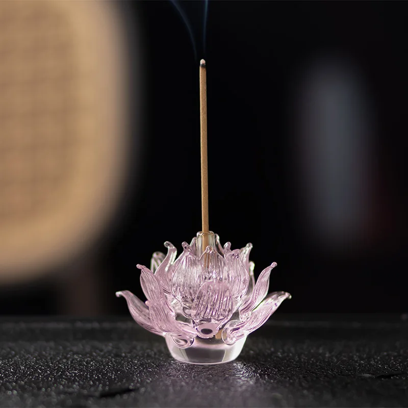 High Borosilicate Glass Lotus Flower Incense Holder & Candle Stick,Gold Gilded Buddhist Altar Decor for Home Temple