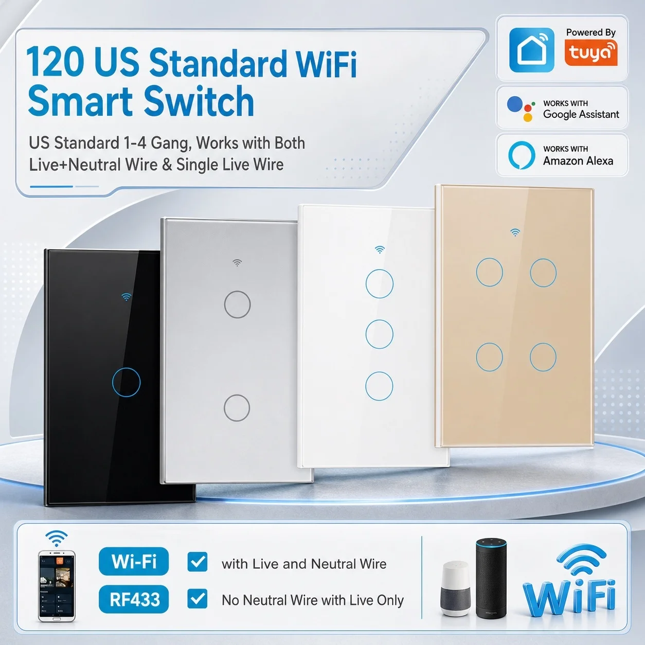 US 120 Type Tuya Touch Smart Switch WiFi RF433, Smart Life APP Mobile Remote, Works with Tmall Genie, Xiao Ai, Xiao Du