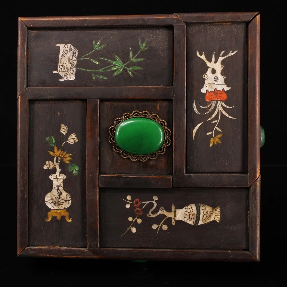 Collections Old Ebony wood Mosaic Gem Shell floral pattern Pull out storage box Mechanism box jewelry box Amass wealth Ornaments