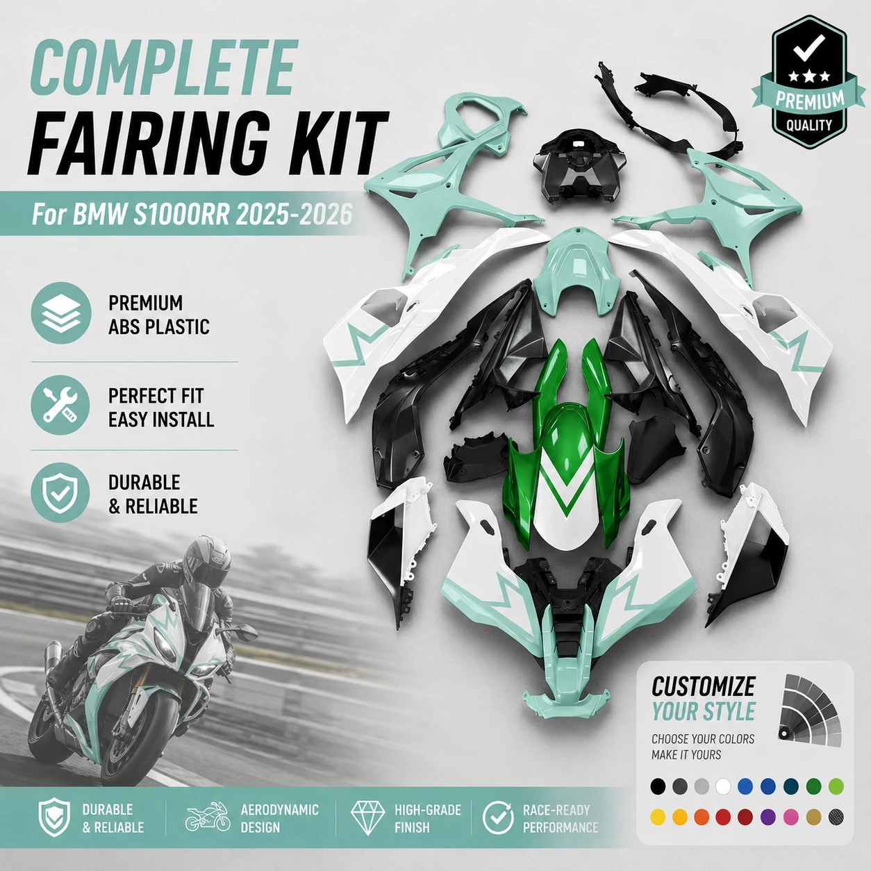 

Motorbike Fairings Set for BMW S1000RR 2025 2026 Mint green High Grade ABS Plastic Injection Full Body Kit With Heatshield