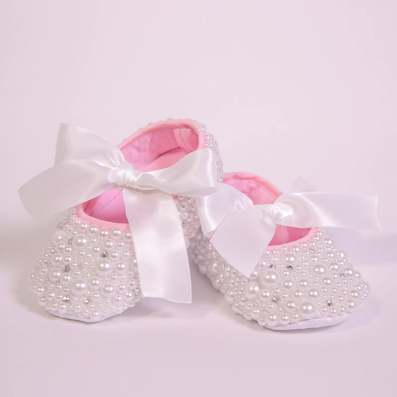 Dollbling Princess Little Girls Baby Shoes Lace Up Ribbon White Custom Handmade Pearls Christening Infant Prewalker