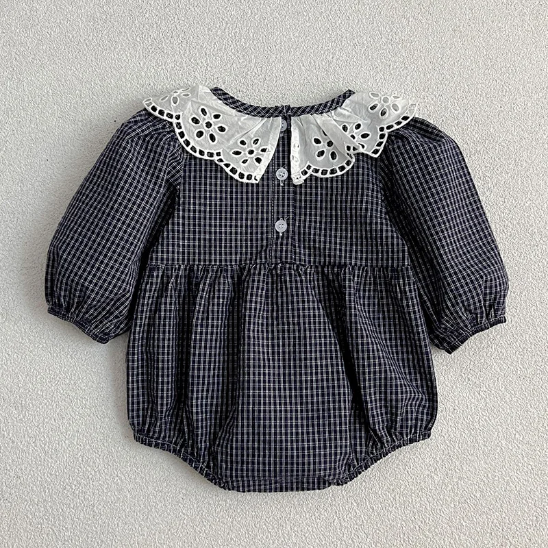 Infant Baby Girls Rompers Newborn Kids Baby Girls Long Sleeve Lace Collar Grid Princess Rompers Baby Girls Rompers Clothes