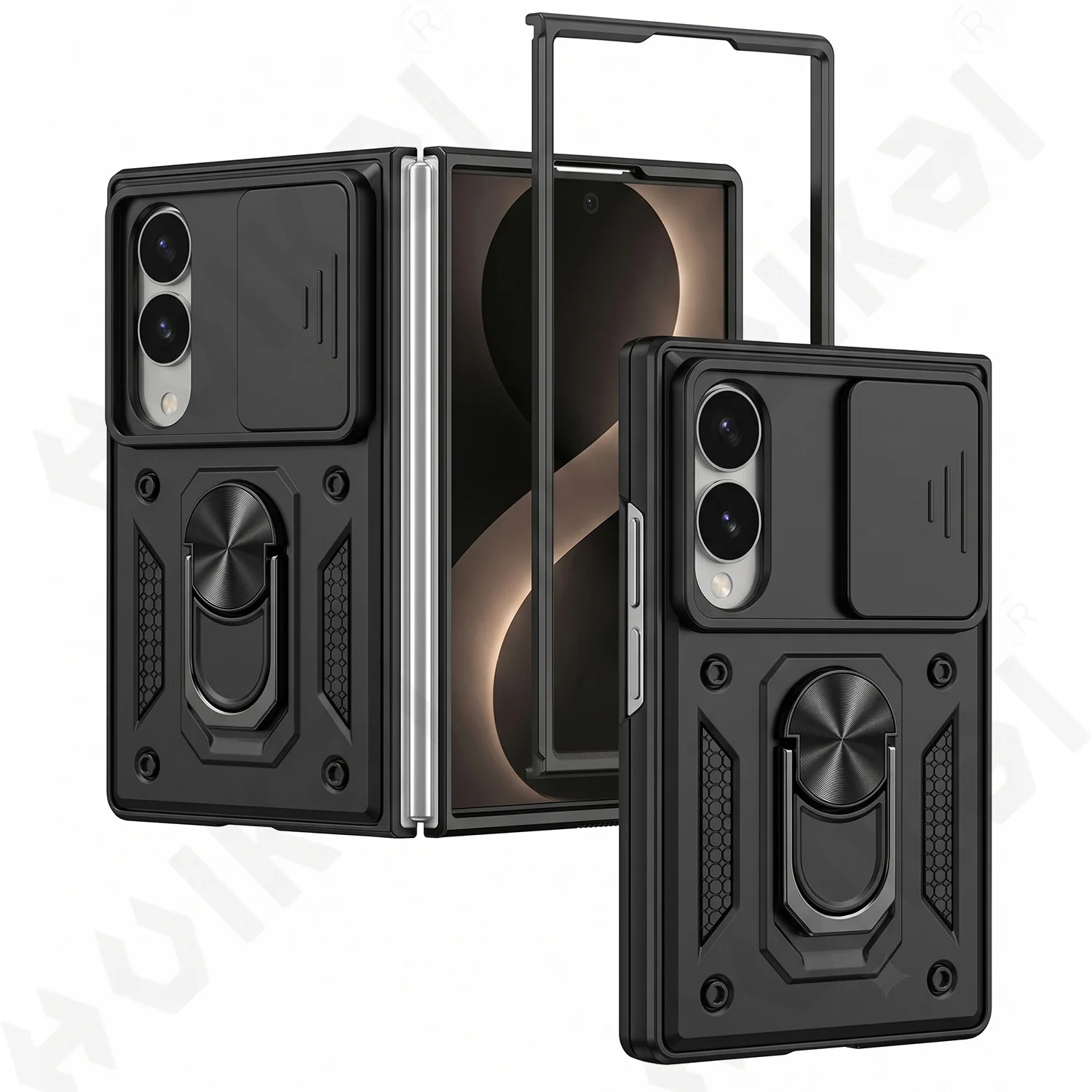 Case for Samsung Z Fold 8 Full Armor Sliding Camera Cover 360 PC Support Ring and Tpu Case Back Funda Shell Coque