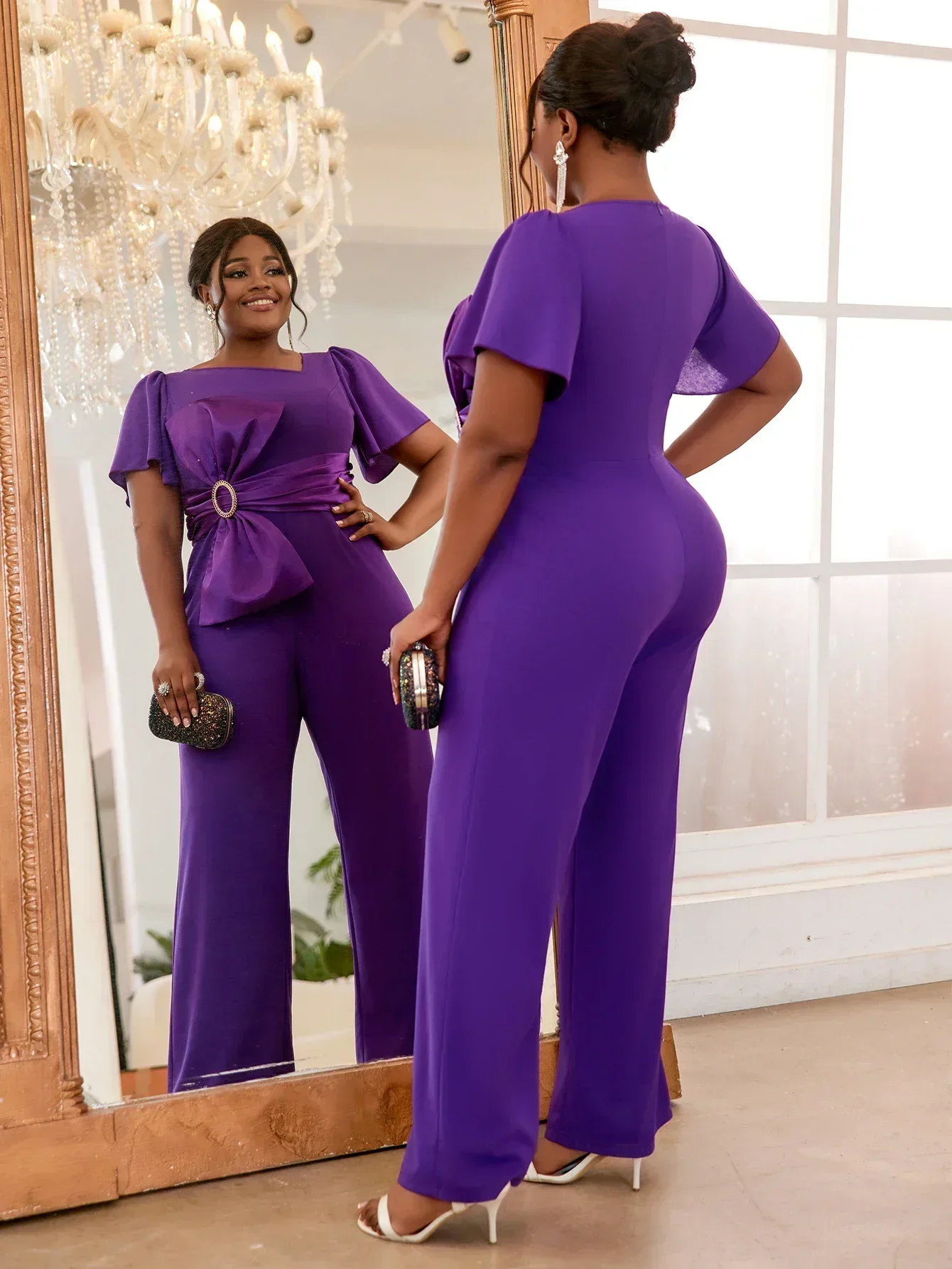 Combinaison violette élégante pour femme, col en V, manches courtes, nœud patchwork, taille haute, barboteuses à jambes larges, grande taille 4XL, une pièce