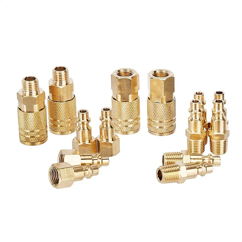 

14 Pcs Quick Connect Brass Air Coupler And Plug Kit -Industrial Type 1/4 Inch NPT Solid Brass Quick Connect Fittings Set