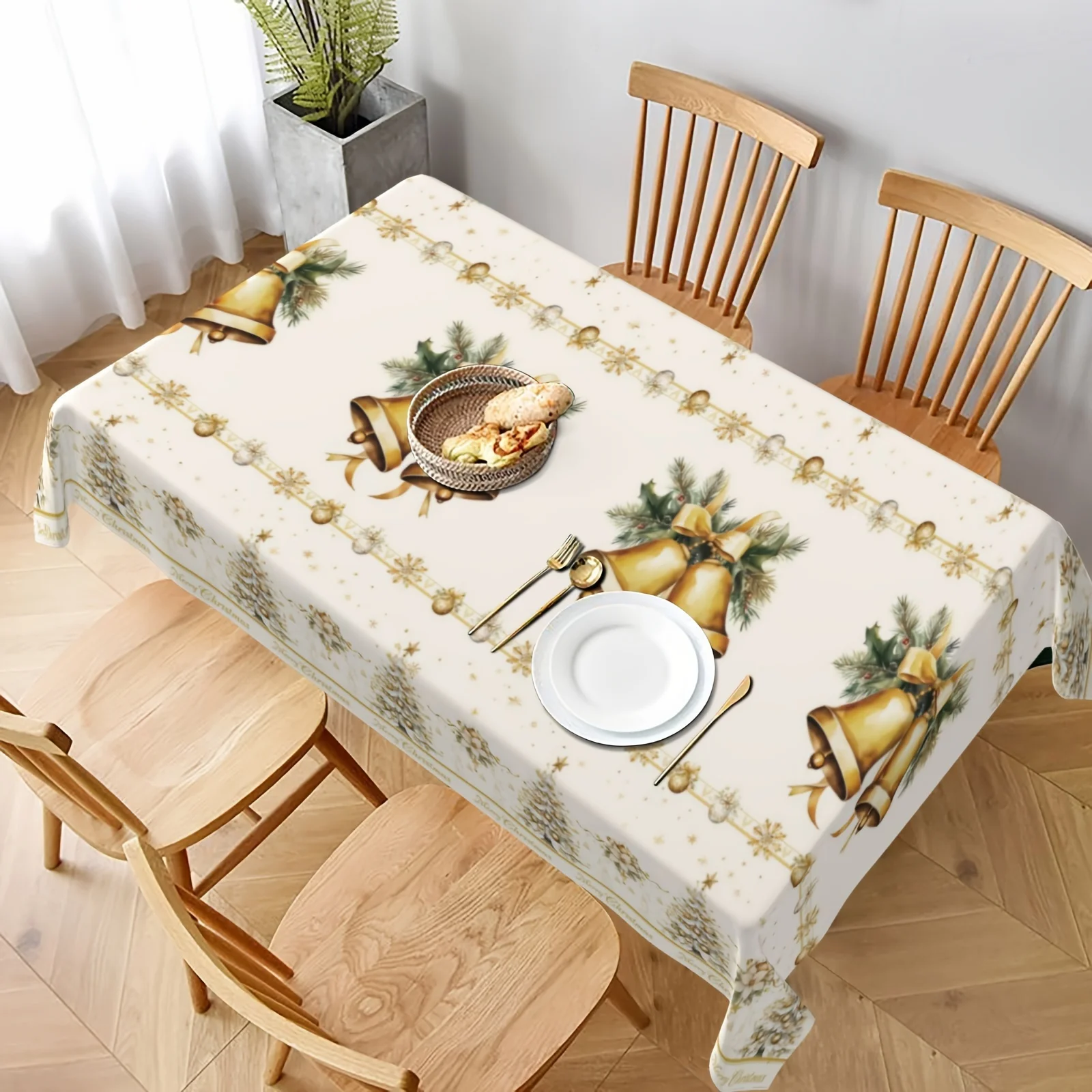 Merry Christmas Tree Golden Balls Tablecloth for Table Decor Winter Xmas Bells Kitchen Dining Table Cloth Christmas Decorations