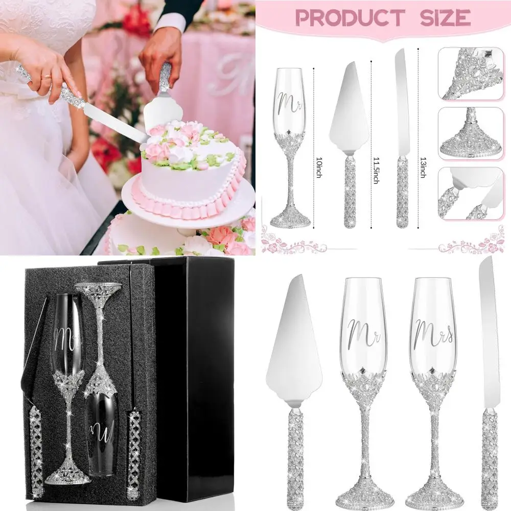 

4-Piece Wedding Cake Knife & Champagne Flute Set, Crystal Rhinestone Glasses, Cake Serving Utensils for Bride & Groom (Silver)