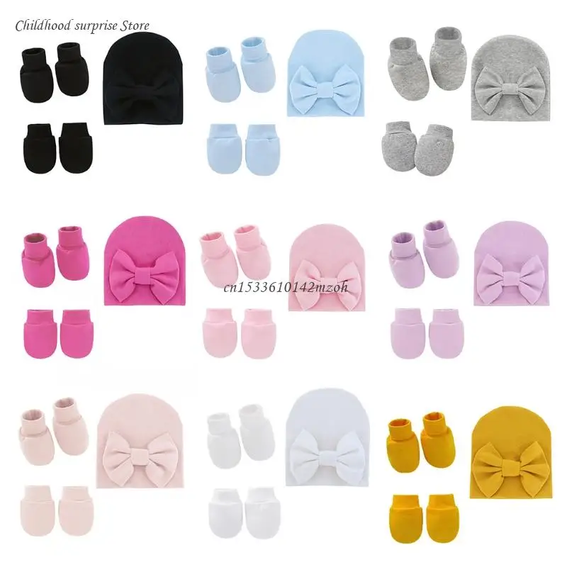 Baby Bowknot Hat No Scratch Gloves Foot Cover Set Infants Soft Cotton Mittens Socks for Newborn Dropship