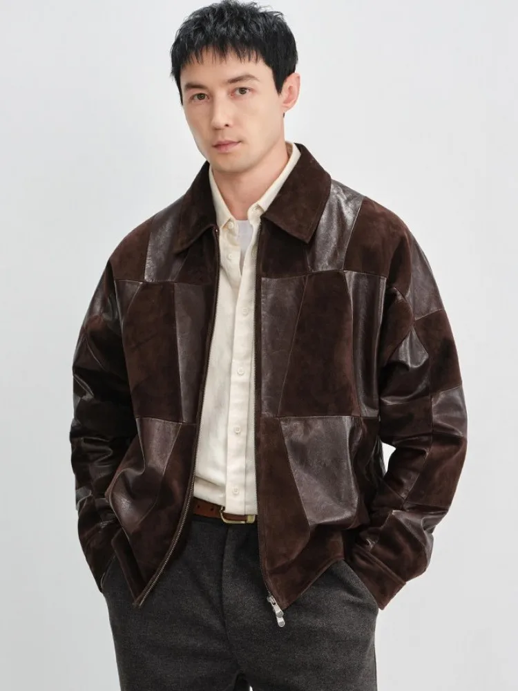 High Street Mens Genuine Leather Jacket Retro Spliced Harajuku Loose Fit Casual Coat High Quality Autumn Sheepskin Jackets Male