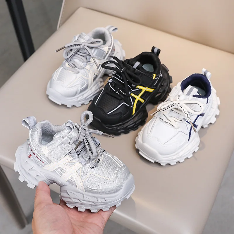 2026 Children Sport Shoes Spring Autumn Kids Sneakers Soft Breathable Mesh Shoes Boys Girls Lace-up Running Shoes Gray, Black