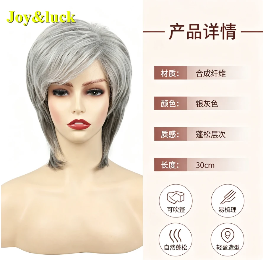 Short Silver Grey Layered Synthetic Wigs for Women, Natural Side Bangs Straight Hair Wig Daily Party Cosplay Heat Resistant Wig