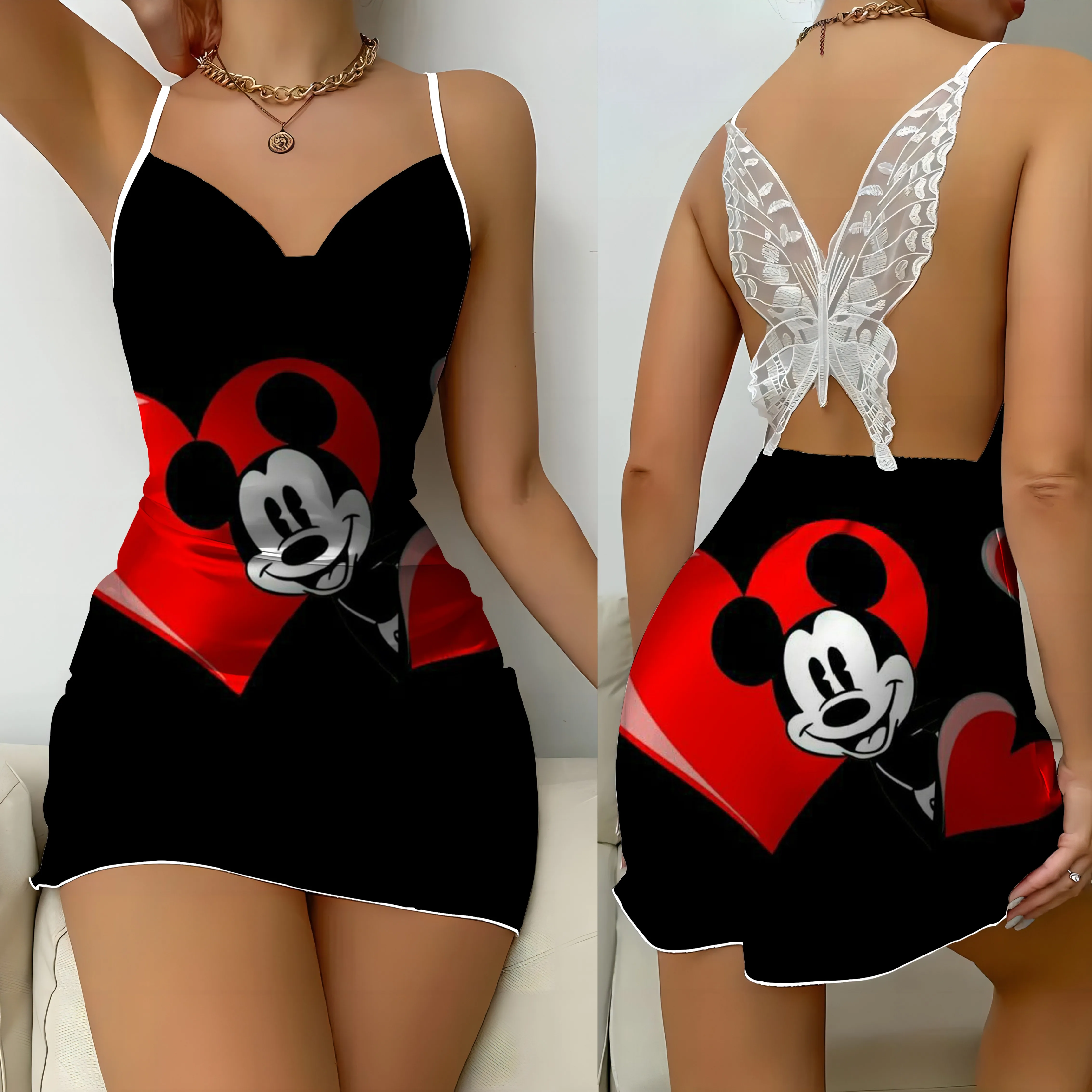 Disney Sexy Dresses Bow Knot Backless Dress Satin Surface Mickey Pajama Skirt Minnie Mouse Womens Fashion Summer 2024 Party Mini