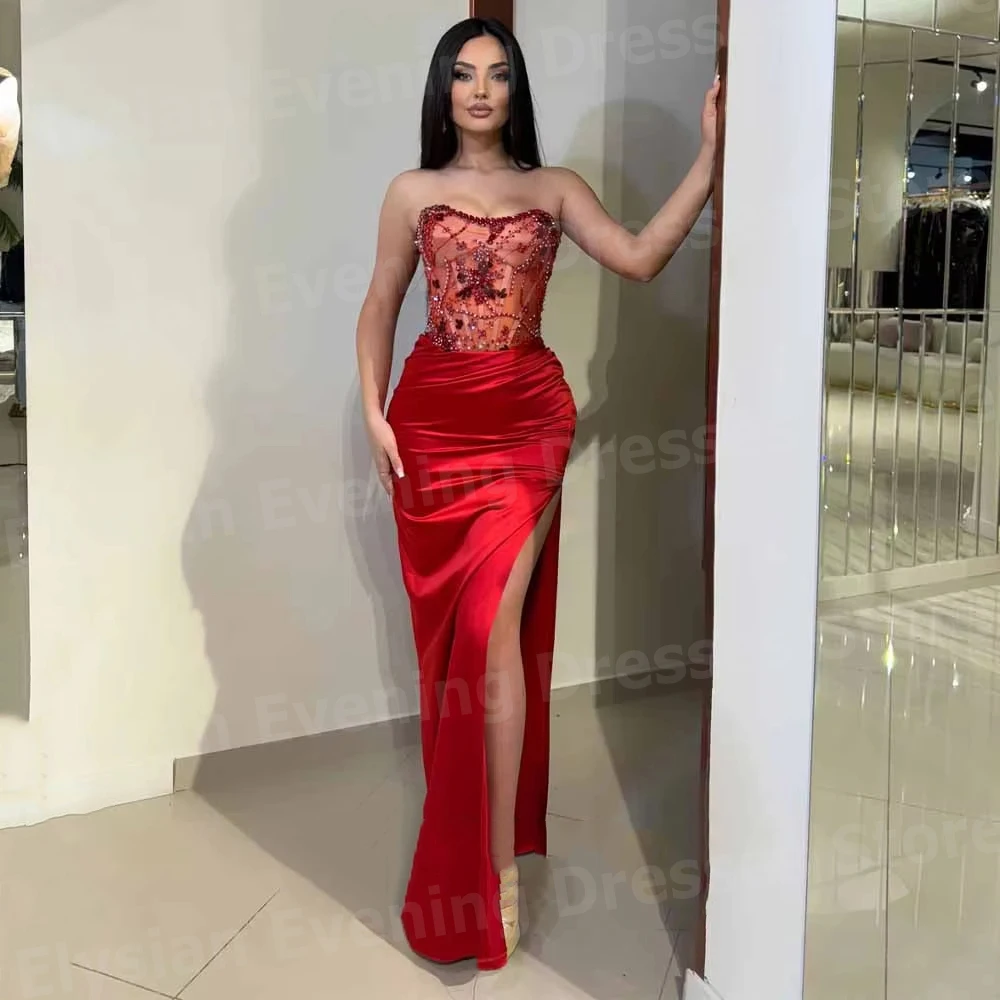 

Charming Women's Mermaid Strapless Evening Dresses Customized Robe De Soirée Prom Gowns Sleeveless Side Slit Vestidos Para Mujer