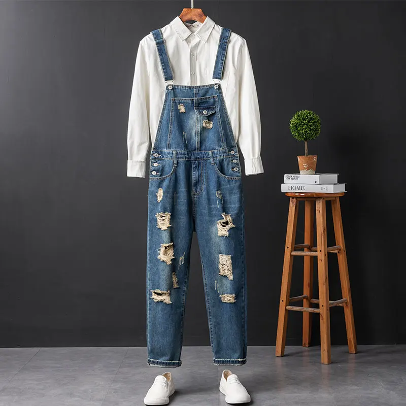 

Retro American Men's Denim Jeans with Hole Waed out Strap Nine Points Pants Faionable Casual Wear for Teenagers And beyond